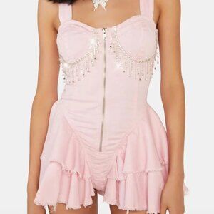 Dollskill Twill Rhinestone Fringe Ruffle Sides Romper